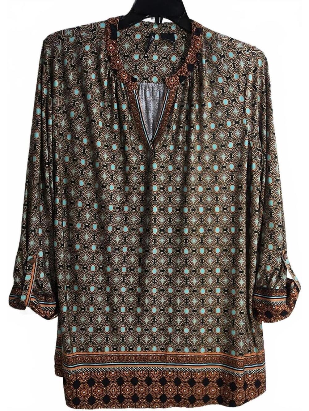 New Directions Bohemian-Style Tunic Top with Buttoned Cuffs Plus Size 2X